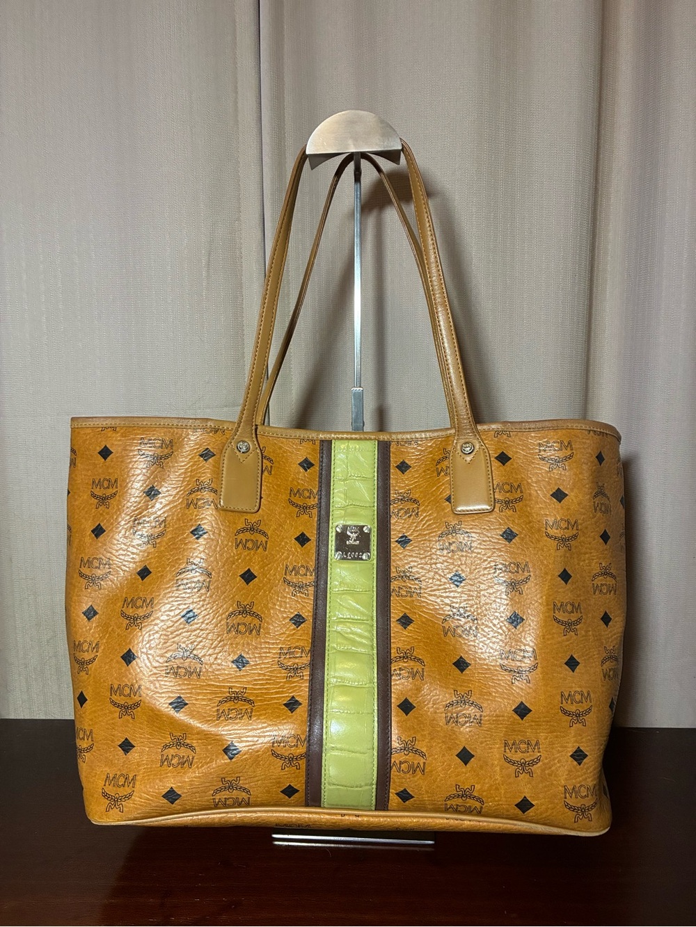 MCM Visetos Cognac Coated Canvas Tote with Green Center Stripe